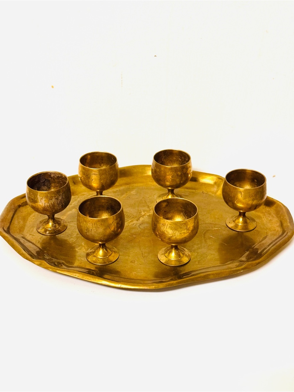 Vintage Brass Goblet Set with Serving Tray - Gold Tone